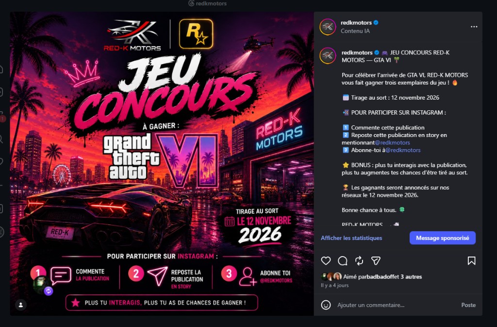 Affiche jeu concours RED-K MOTORS : Grand Theft Auto VI à gagner, tirage au sort le 12 novembre 2026